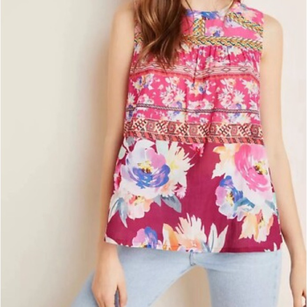 Vineet Bahl Anthropologie Roderiga Embroidered Sleeveless Top Small Boho Pink